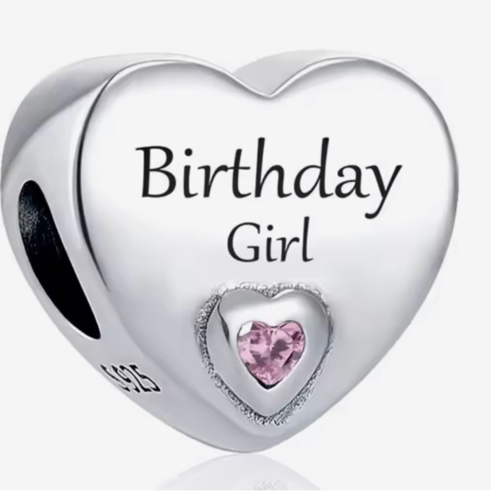 .925 Sterling Silver Heart-Shaped Birthday Girl Charm with Pink Gem